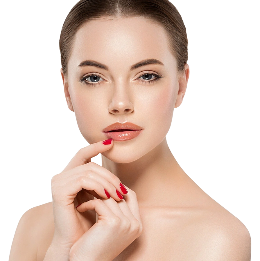 Model women with pinkish lipstick and red nails